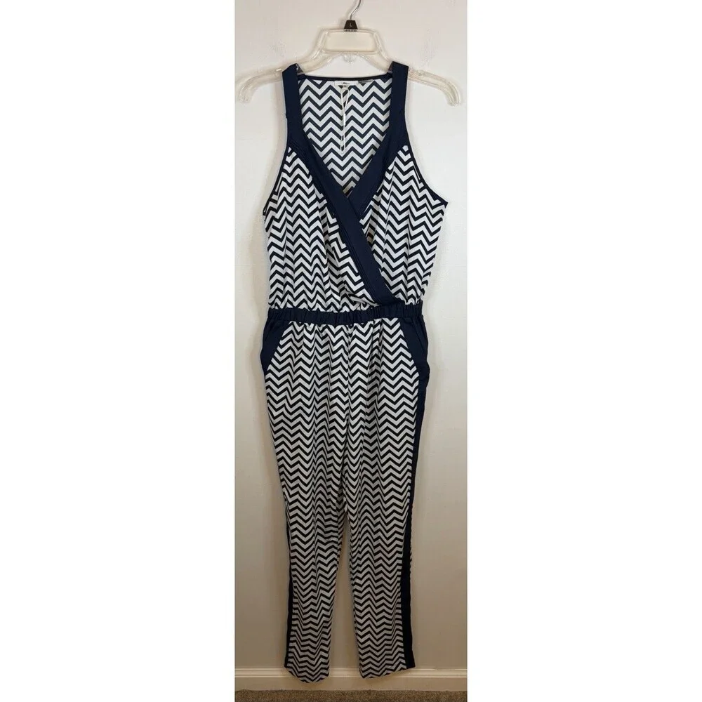 MILANO White Navy Chevron Sleeveless Jumpsuit Medium Snap Front Lightweight